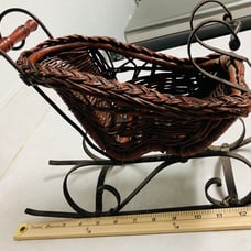 Vintage Ornate Style Rattan Basket, Rustic Wicker and Metal Sleigh, Home Decor