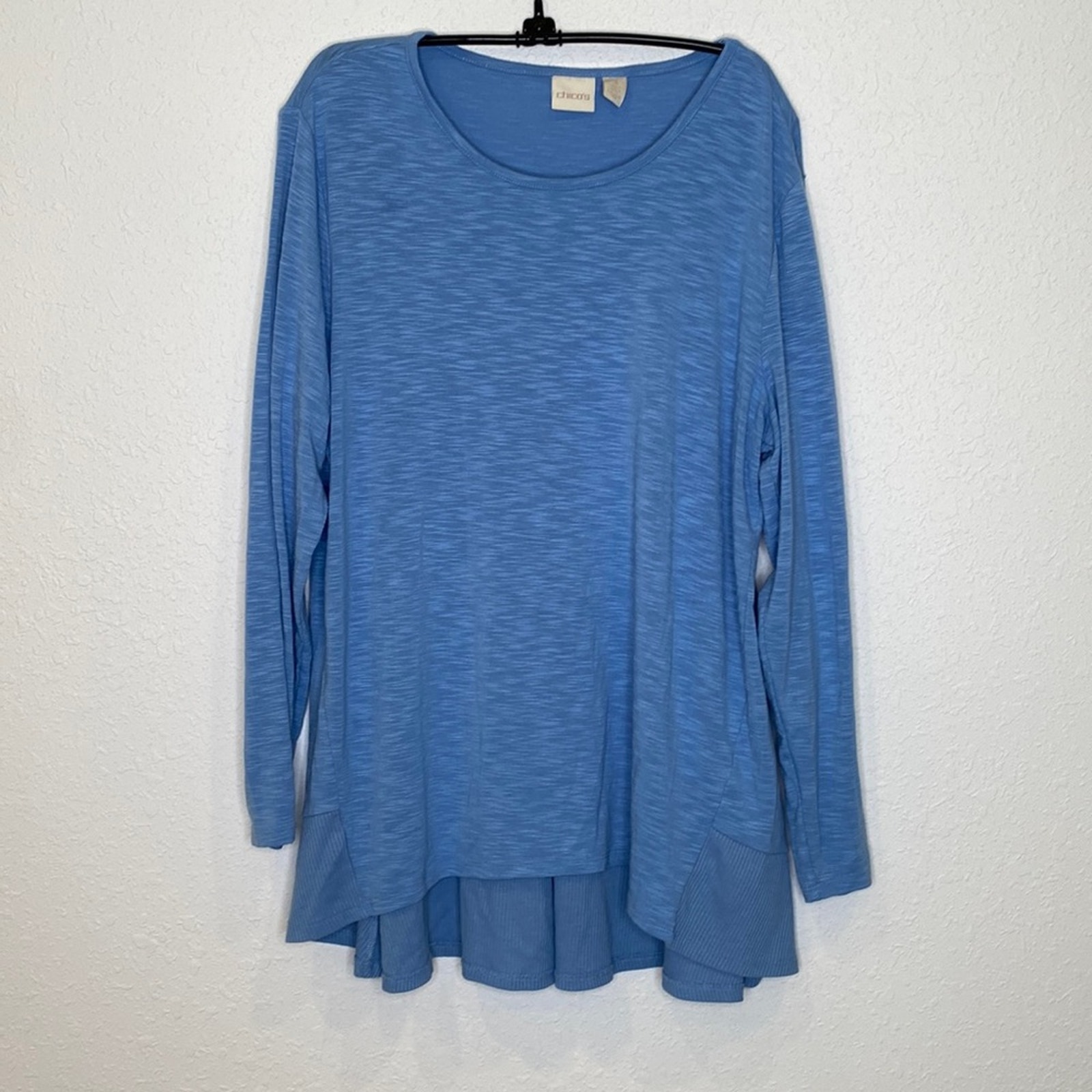 Chico’s Heather Blue Long Sleeve Blouse/Tunic High Low Pleated Back EUC Sz XL