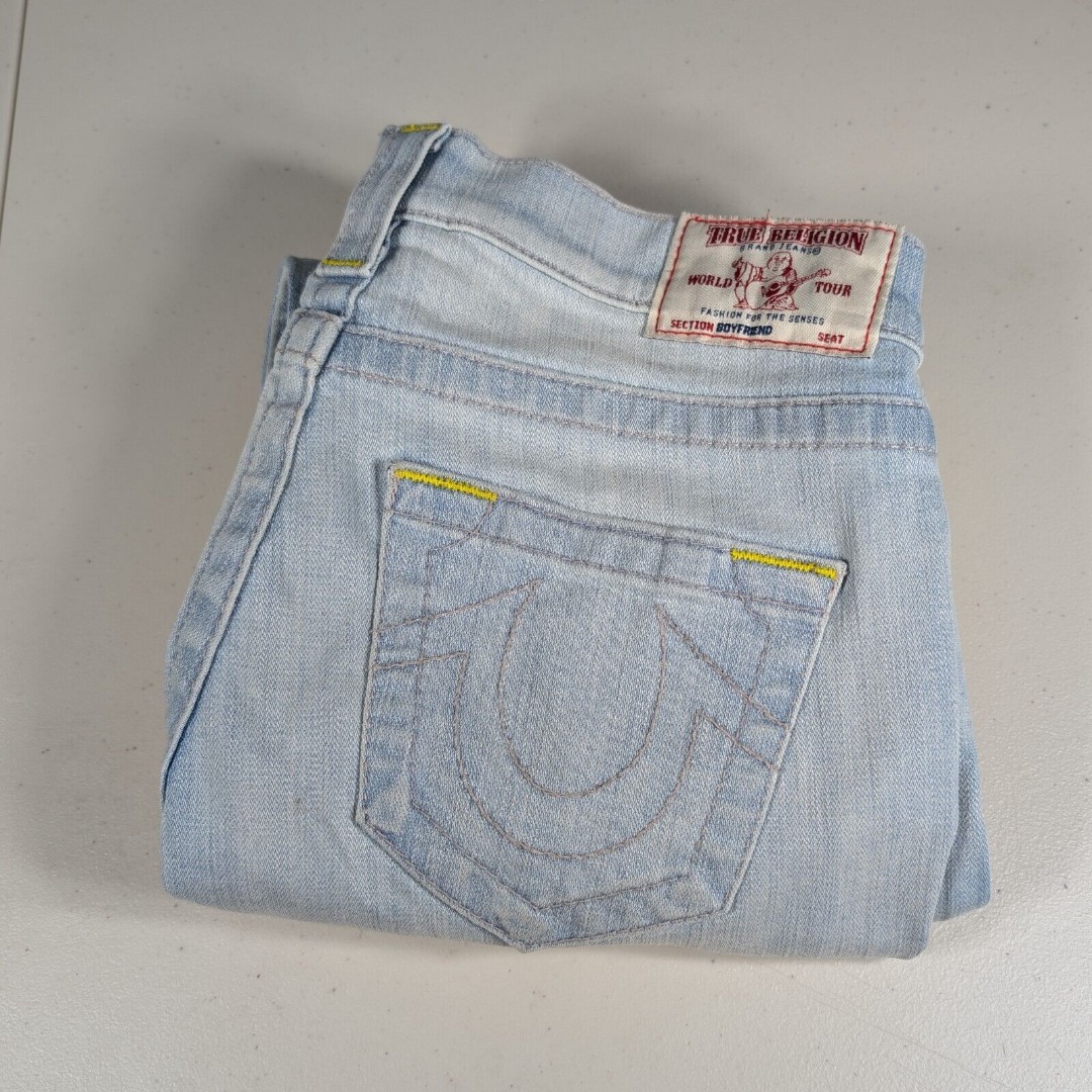 True Religion Jeans Womens Size 26 Light Blue Distressed Boyfriend Cut Jeans