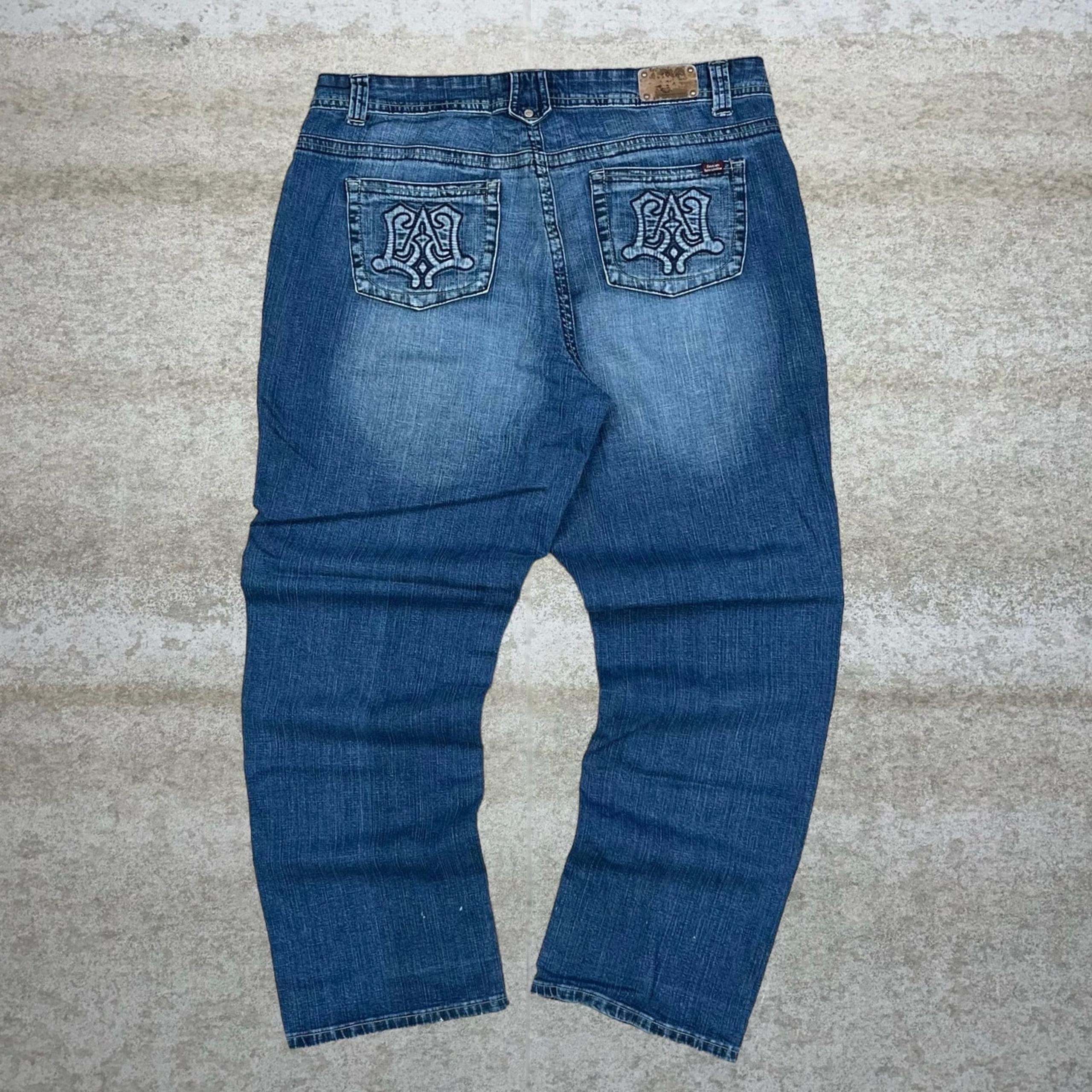 Vintage Skater Wide Leg Jeans Kenneth Lopez Dark Wash Baggy Denim Rap Art Y2K