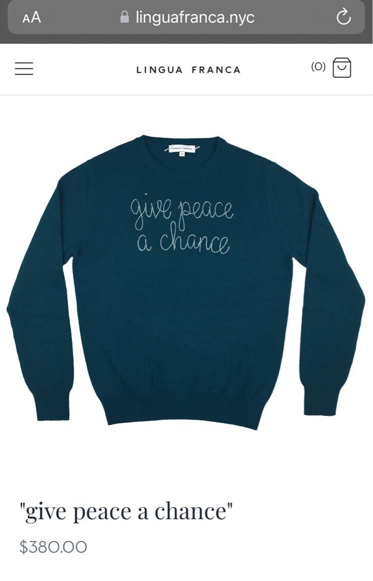 NWT Lingua Franca Navy Blue/Peacock Sweater Give Peace A Chance