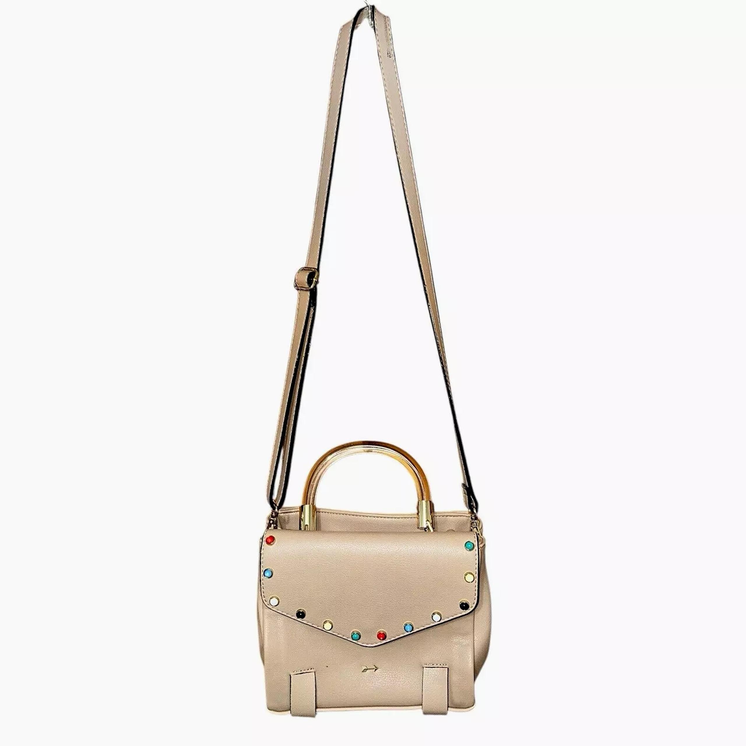 Gianni Bini Tan Crossbody Faux Leather Bag Clear Acrylic Handle Color Studs Chic