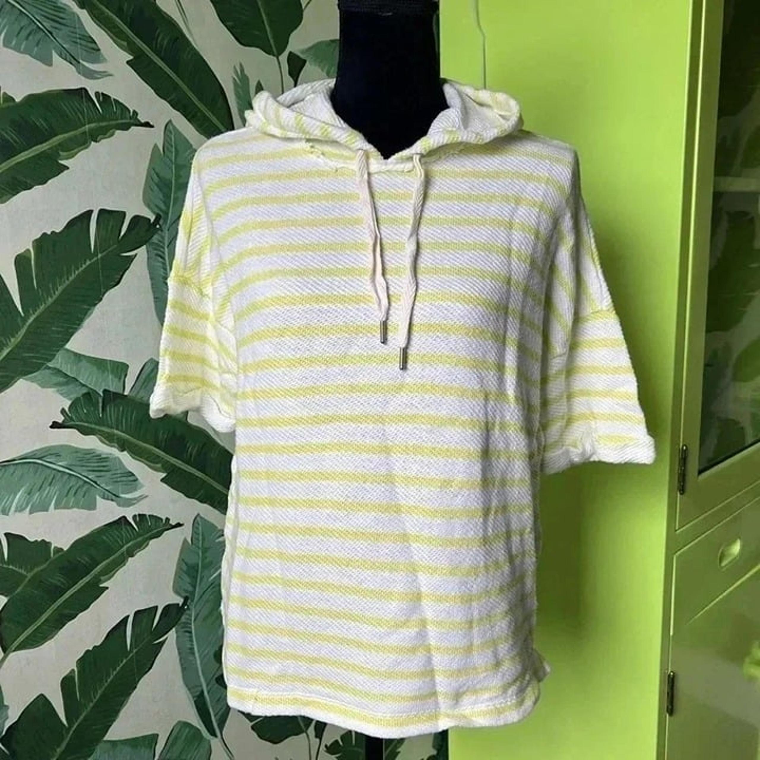 Lou & Grey Neon Yellow white Striped Short Sleeve Hooded Knit Top M