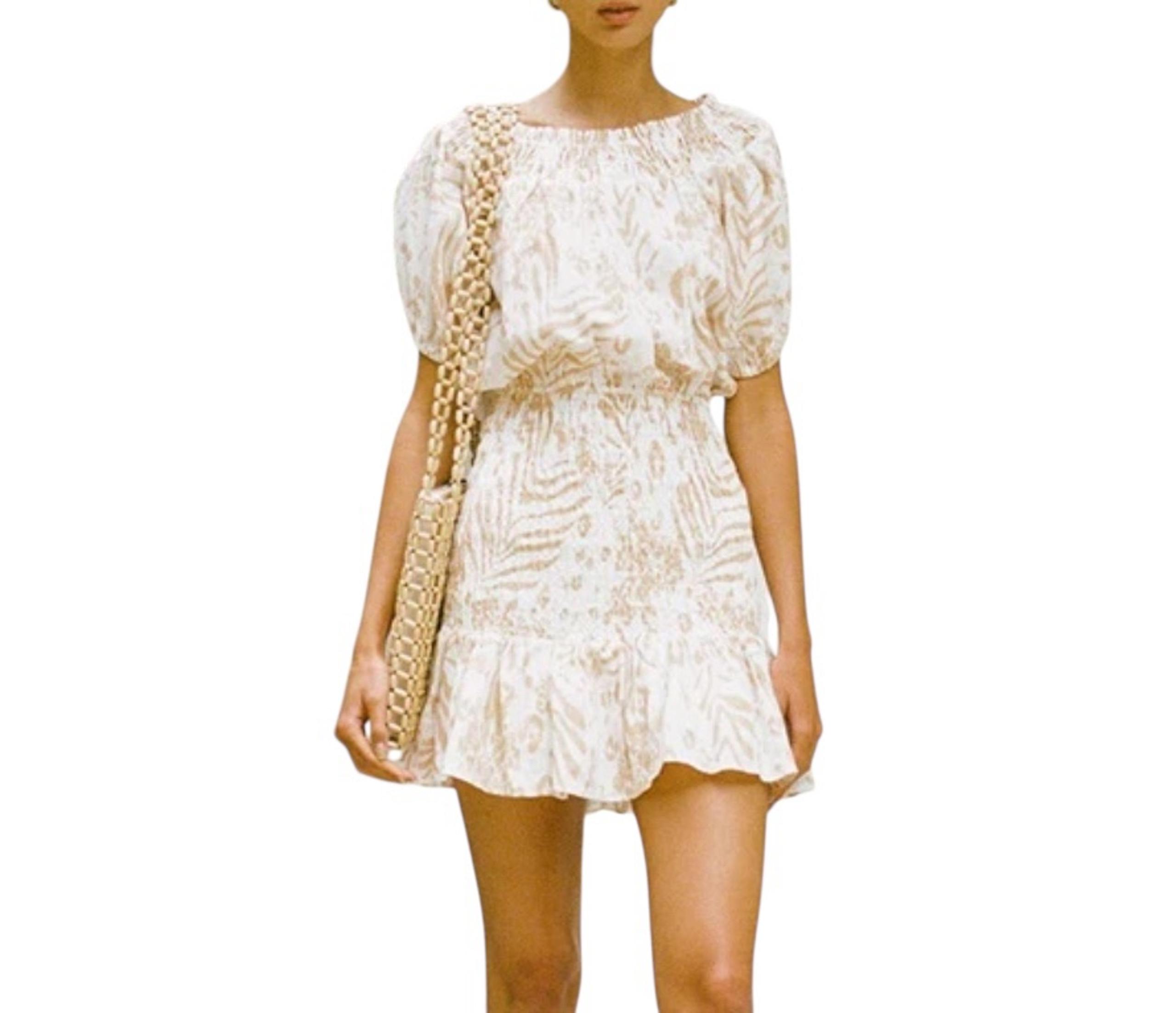 SABO LUXE Camari Linen Dress Smocked Patterned Ruffle Hem White Beige Women's S