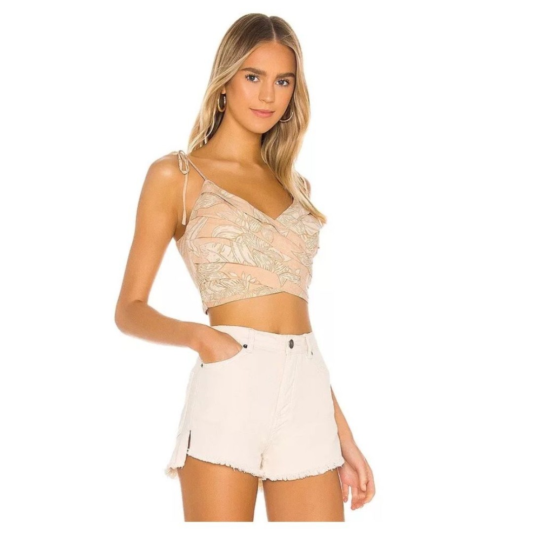 AMUSE SOCIETY Sage Crop Woven Cami Light Apricot Floral Linen