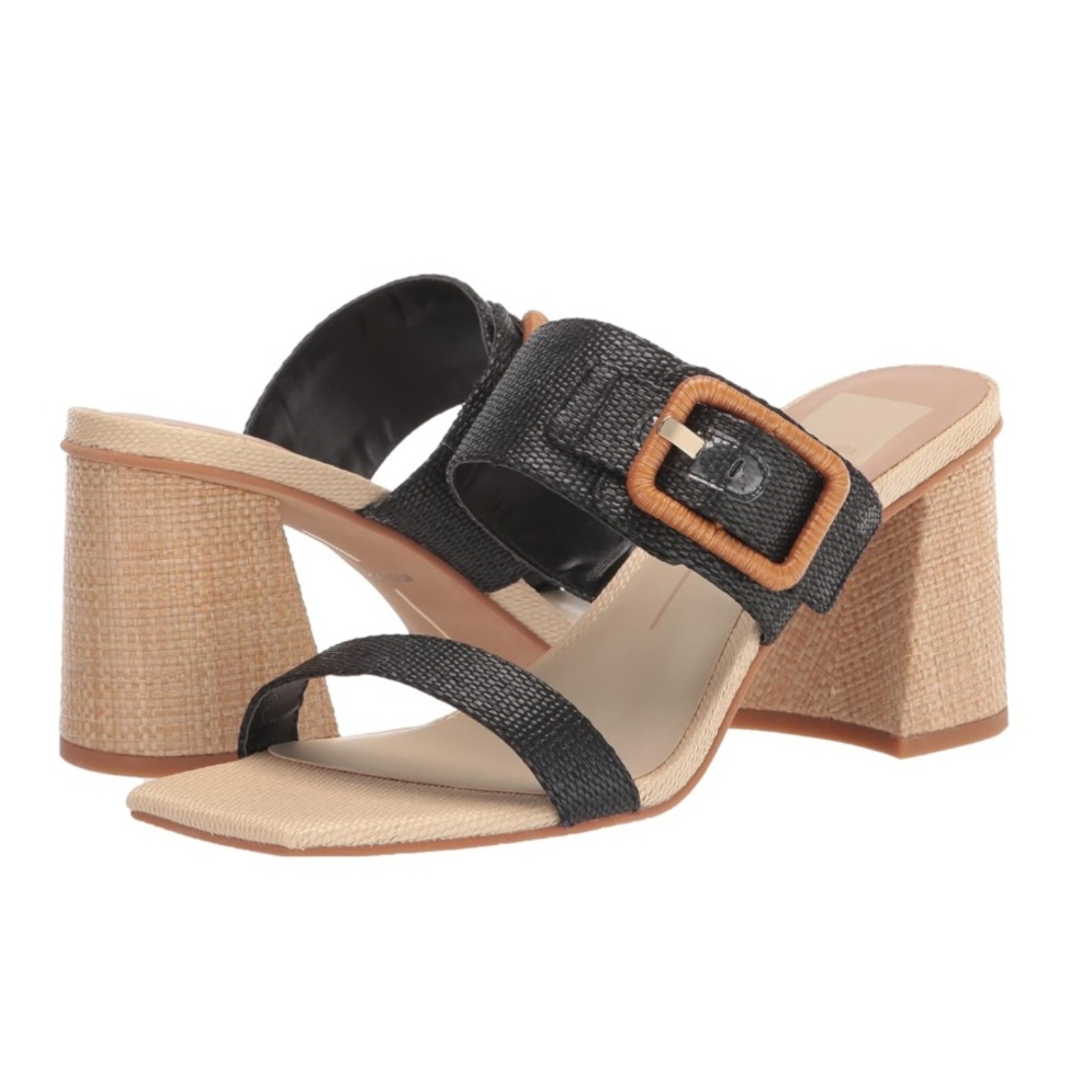NWOT Dolce Vita Posy Heeled Block Sandals Black Rattan Raffia Size 7.5