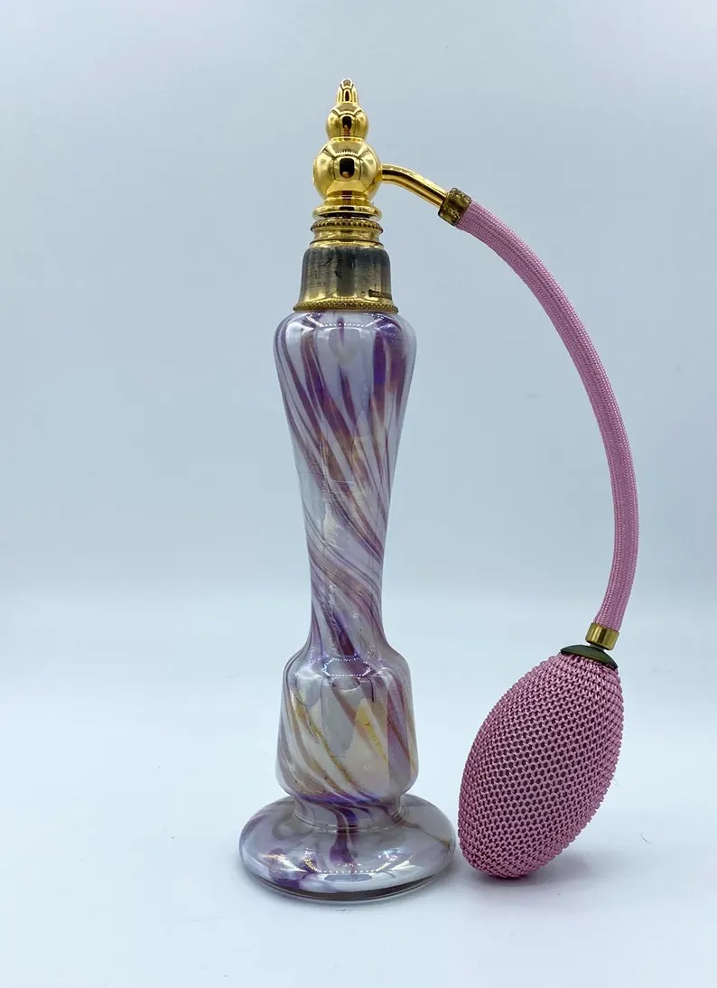 Antique Art Deco Czech Purple Swirl and Iridescent Glass Perfume Atomizer