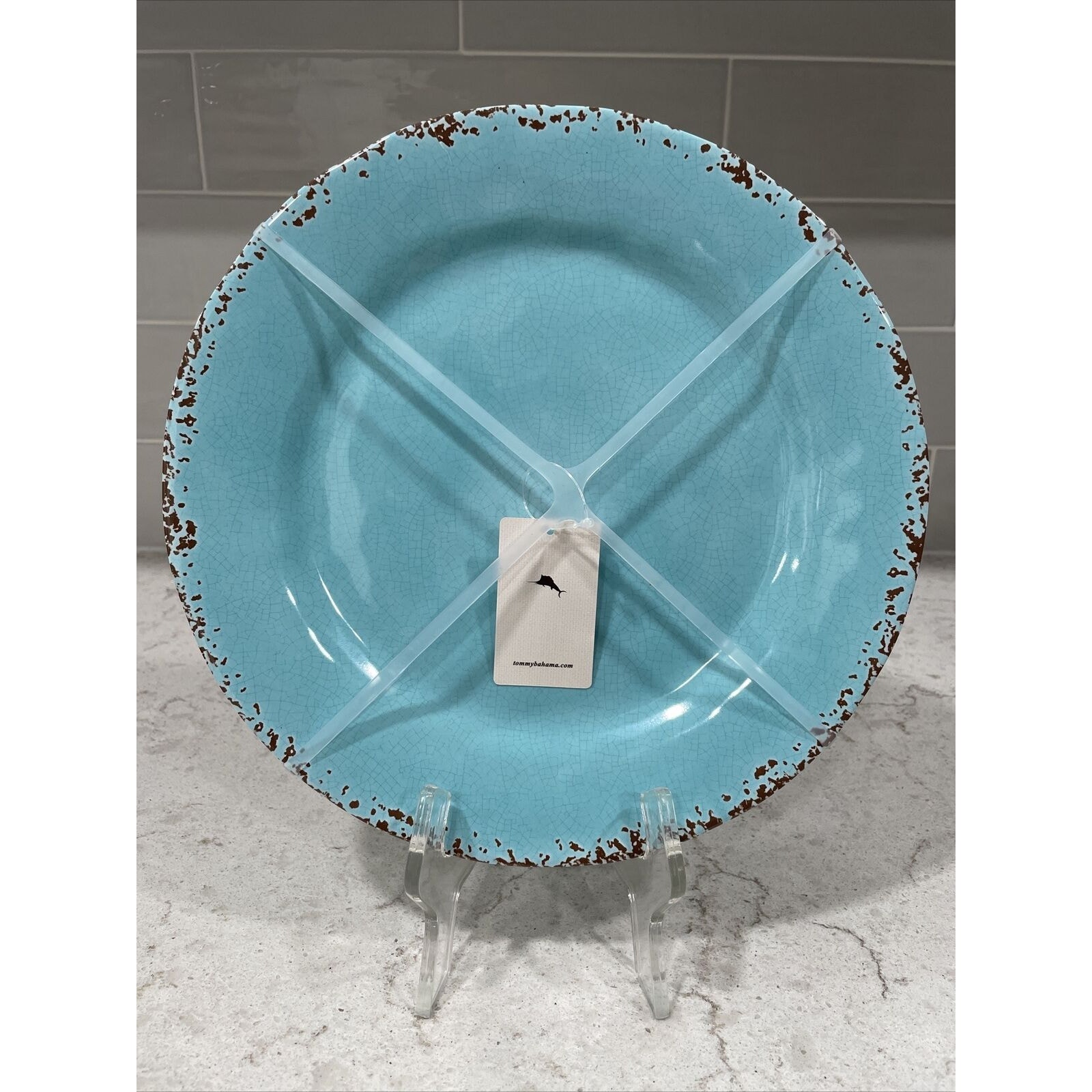 Set 4 DINNER PLATES 11” Plate Rustic Turquoise Blue Crackle Tommy Bahama NEW