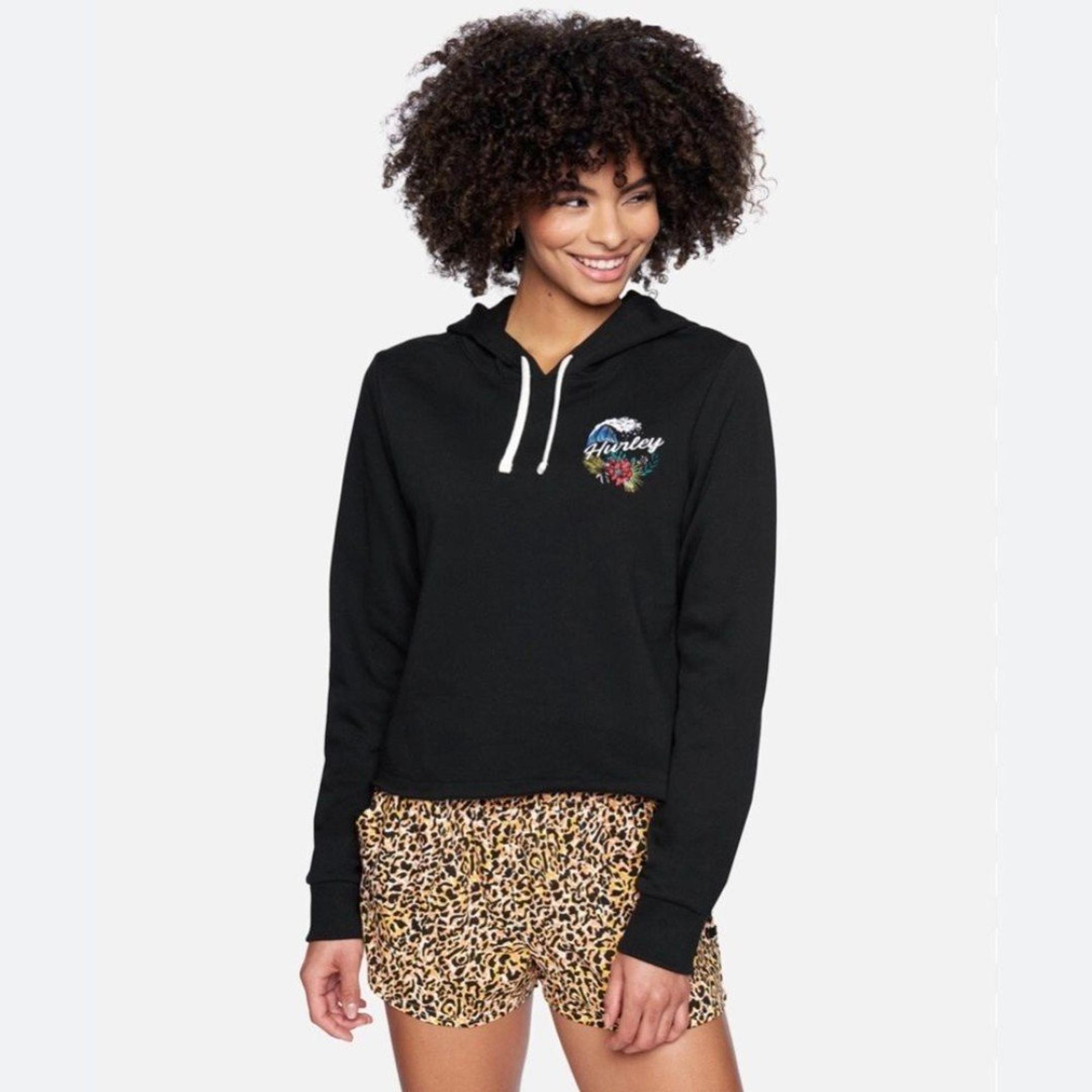 Hurley Black Spell Out Tropical Graphic Print Full Zip Hoodie Womens Sz S