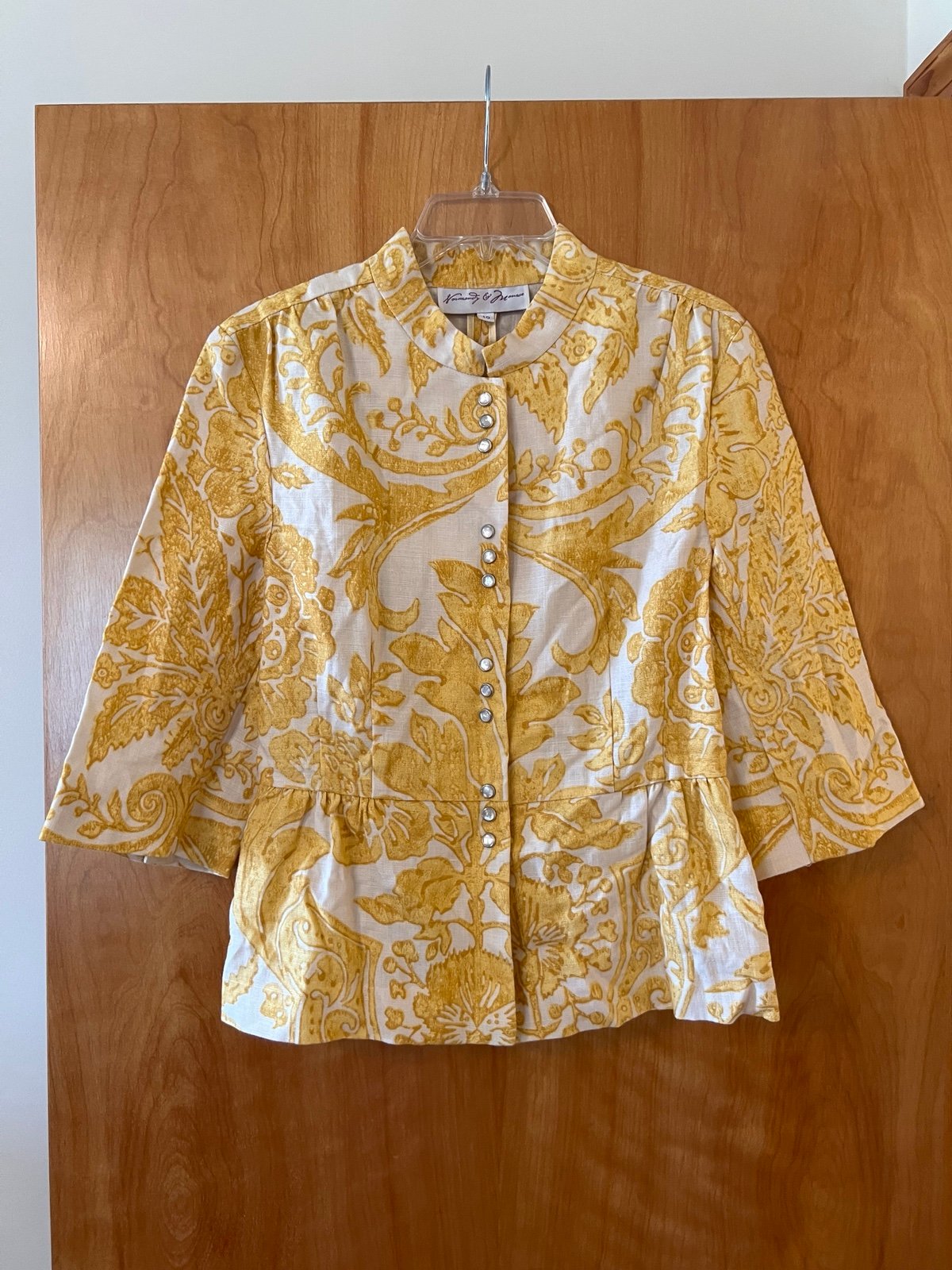 Normandy & Monroe Yellow White Print Linen Blazer Jacket Luxury Gathered Hem 10
