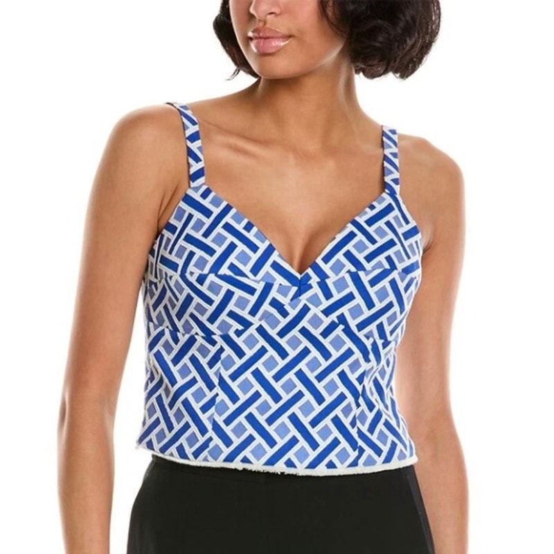 TRINA TURK Swian Crop Tank Top Size 6 Blue Lattice Luxe Resort Fringe