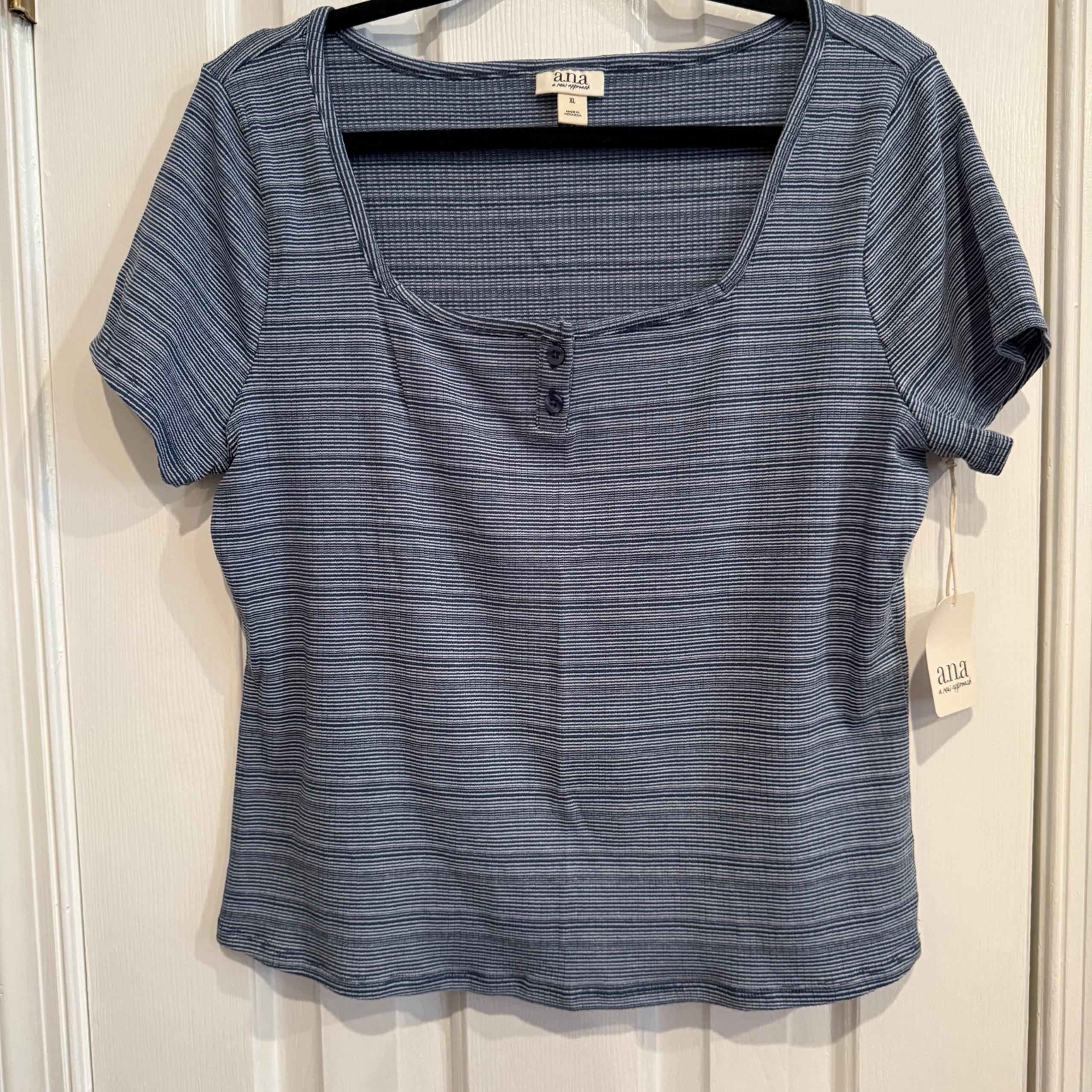A.N.A. Top Womens XL Blue Str Ribbed Knit T-Shirt Short Sleeve Square Neck
