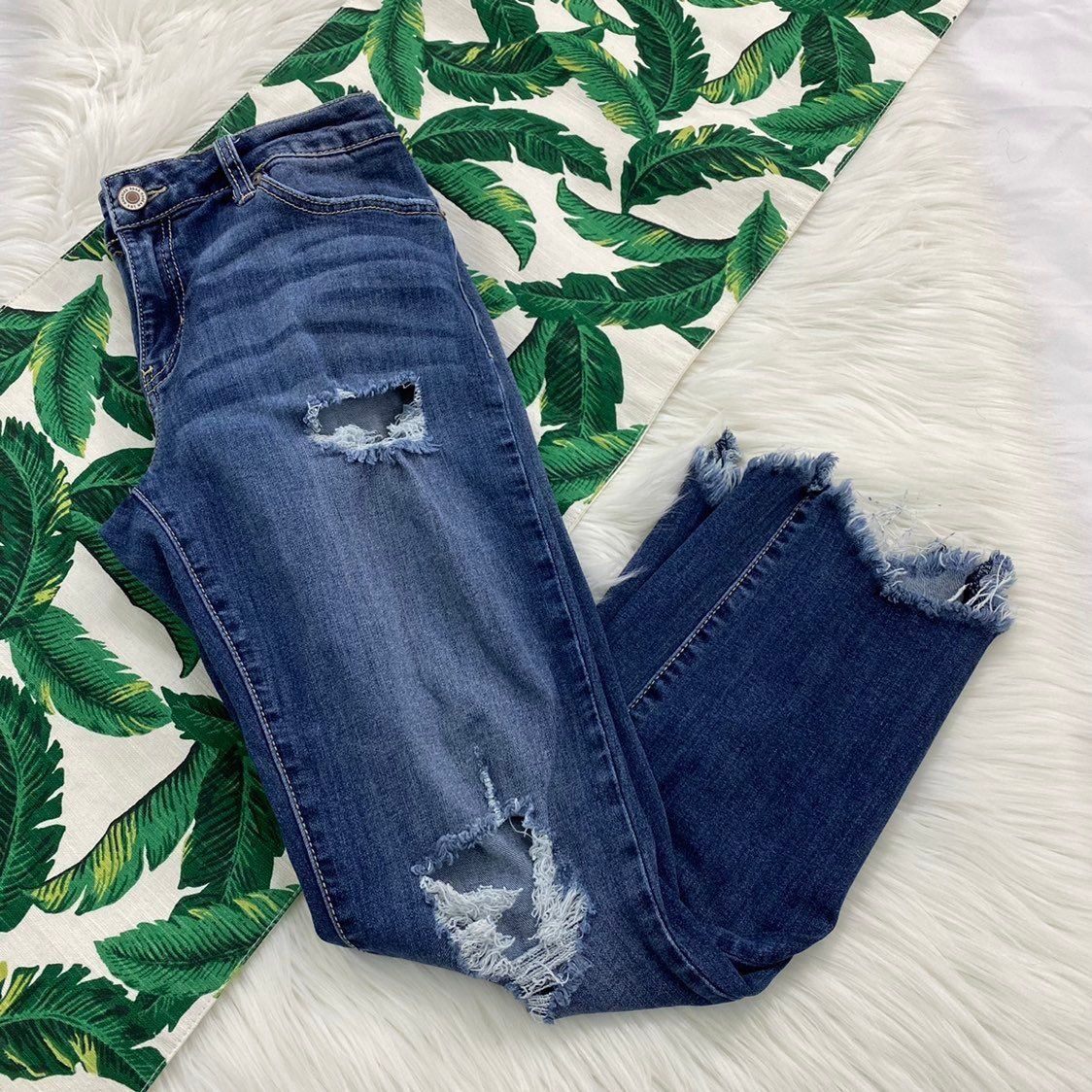 Kancan Mid Rise Raw Hem Distressed Skinny Ankle Jeans