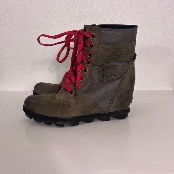 Sorel Grey Canvas with Green Leather with Neon Pink Lace Up Wedge Booties
