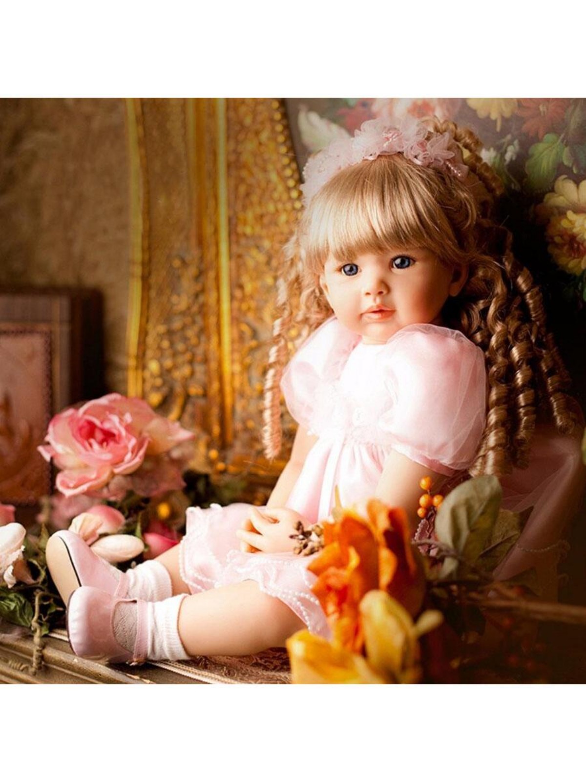 24 Beautiful Simulation Baby Golden Curly Girl Wearing Pink Princess Dress Doll