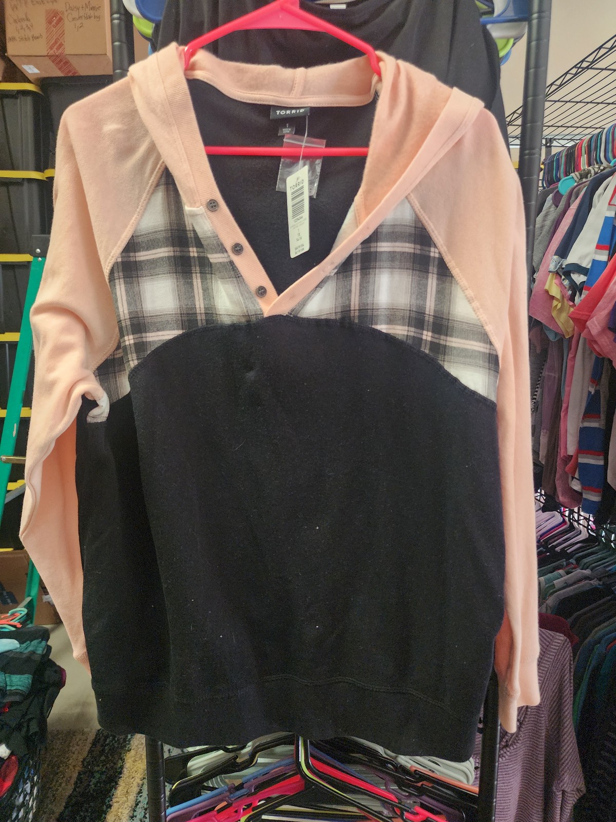 Torrid Partial Plaid Henley V-neck Long Sleeve Hoodie