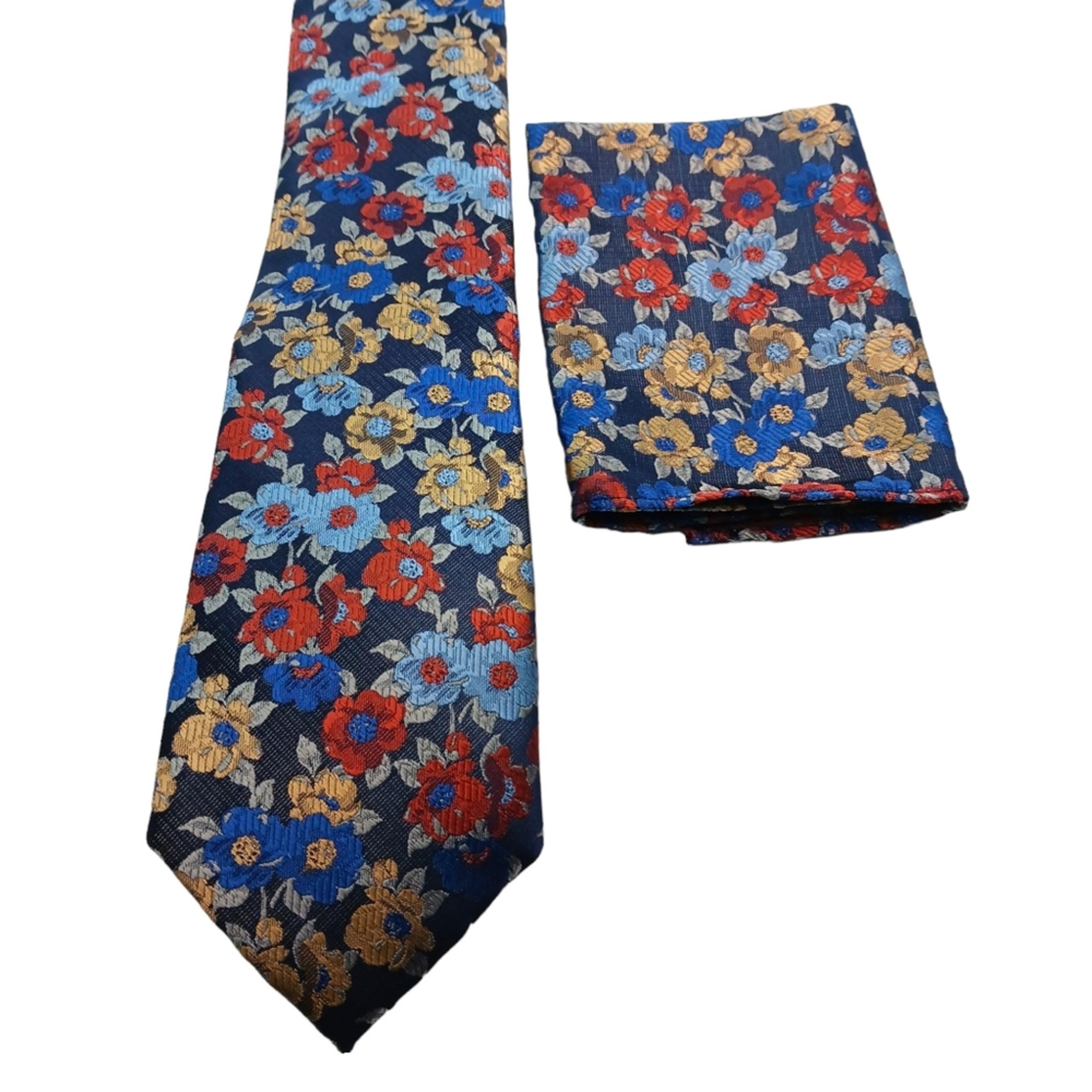 Pierre Cardin Floral Mens Tie & Pocket Square Blue Pink 60"