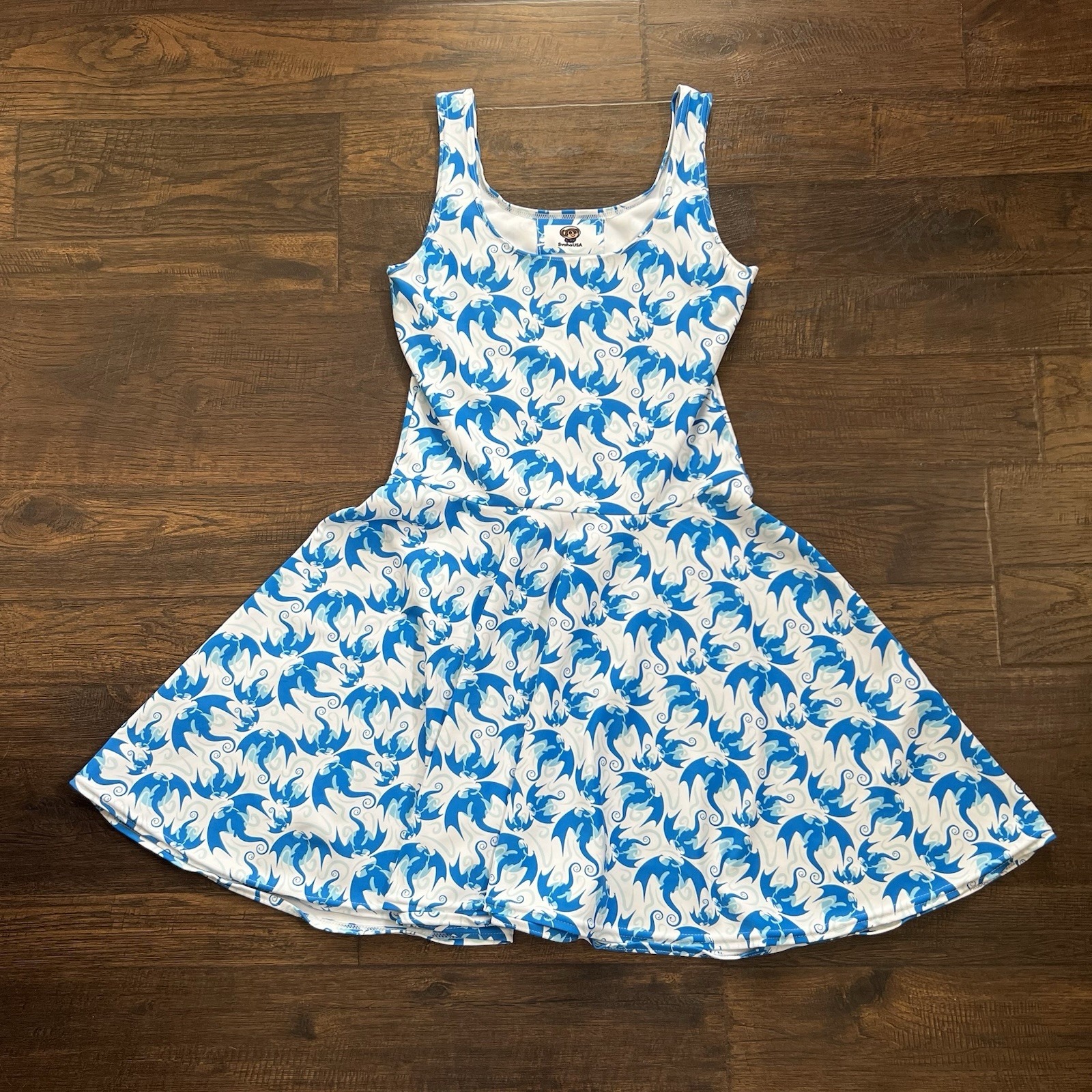 Svaha Fit & Flare Tank Dress Small Flying Dragons Blue All Over Print Rash Guard