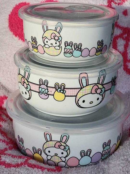 Hello Kitty Easter ceramic nesting tupperware storage bowls with lids set of 3