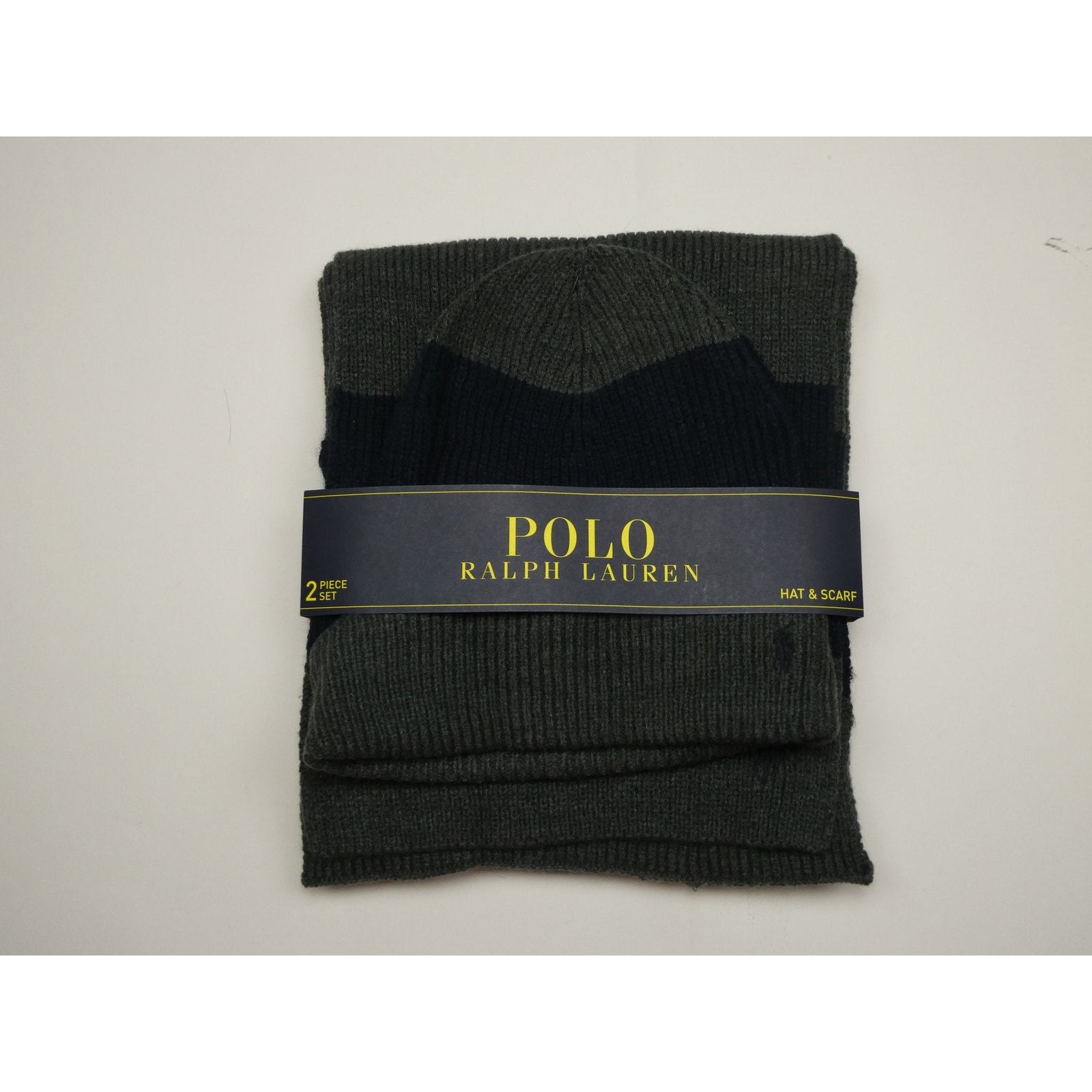Polo Ralph Lauren 2 piece set hat & scarf, NEW, gray navy stripe