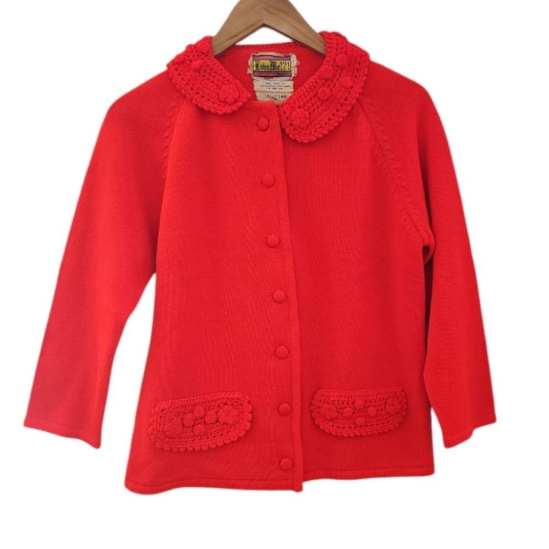 Vintage Red Knit Cardigan Made in British Hong Kong 50s 60s Mod Style Sz 9/10
