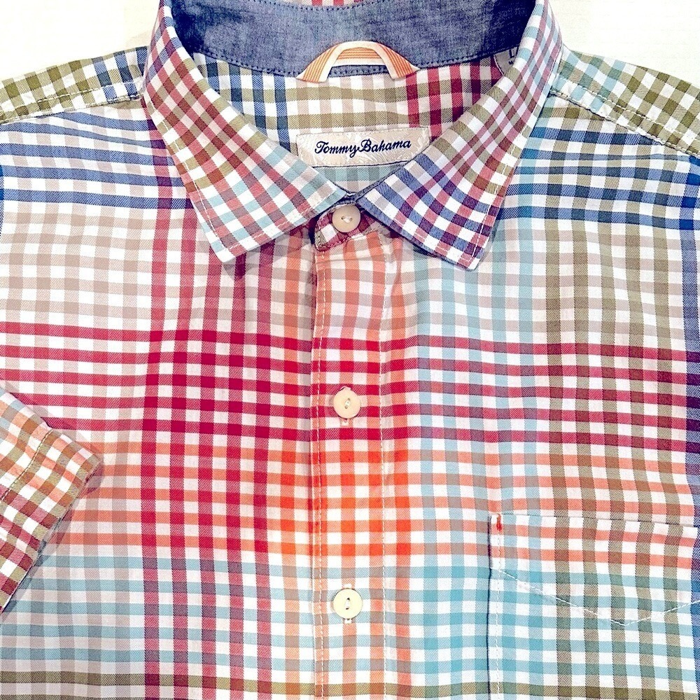 Tommy Bahama Plaid Short Sleeve Button Up Shirt Men's Large Red Orange Casual