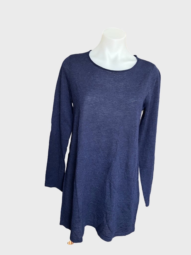 Eileen Fisher Round Neck Knit Tunic Sweater Fine Tencel Alpaca Blue SMALL