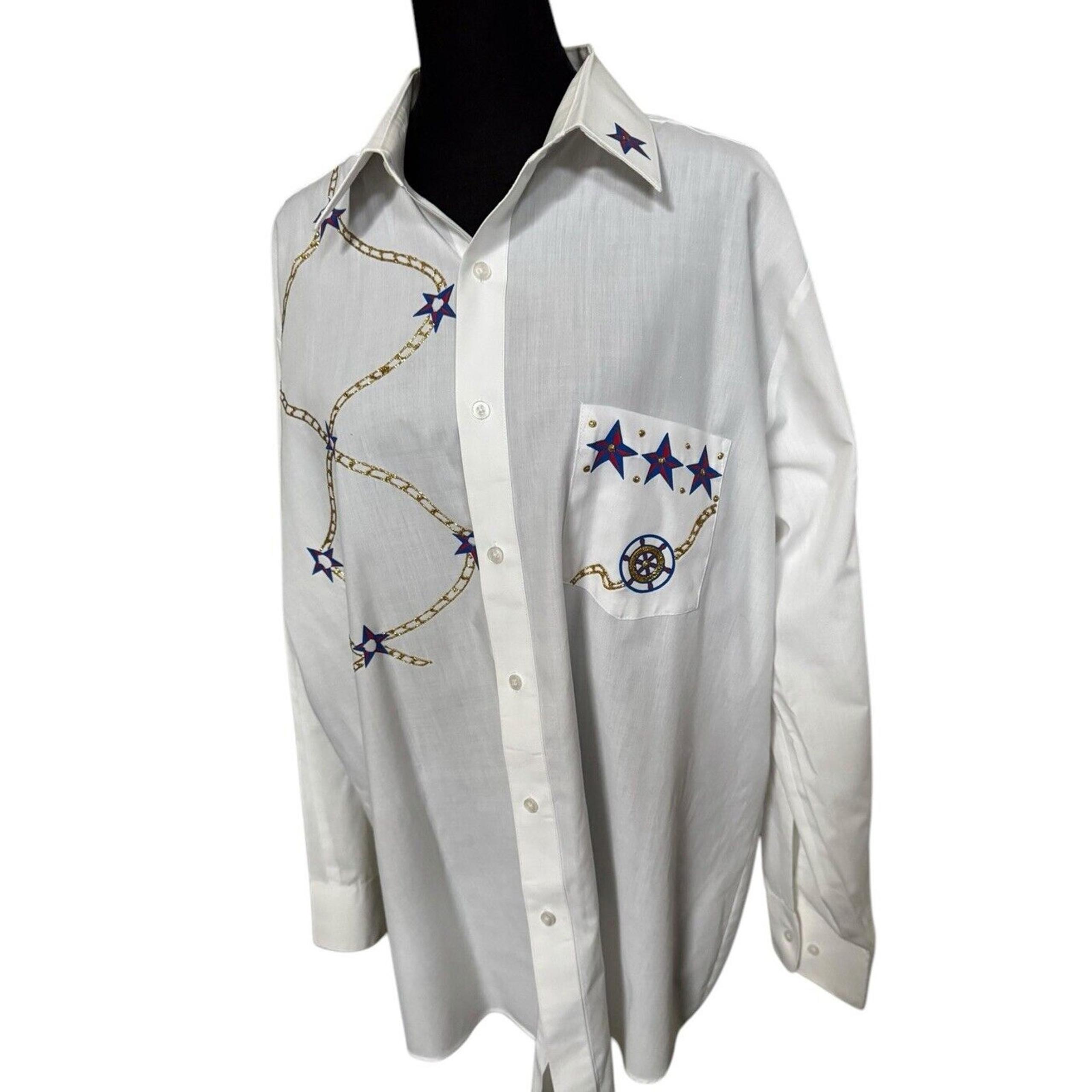 Chaplin Dress Shirt VTG Men Large (32-33) Stars Stripes Captain American Yacht