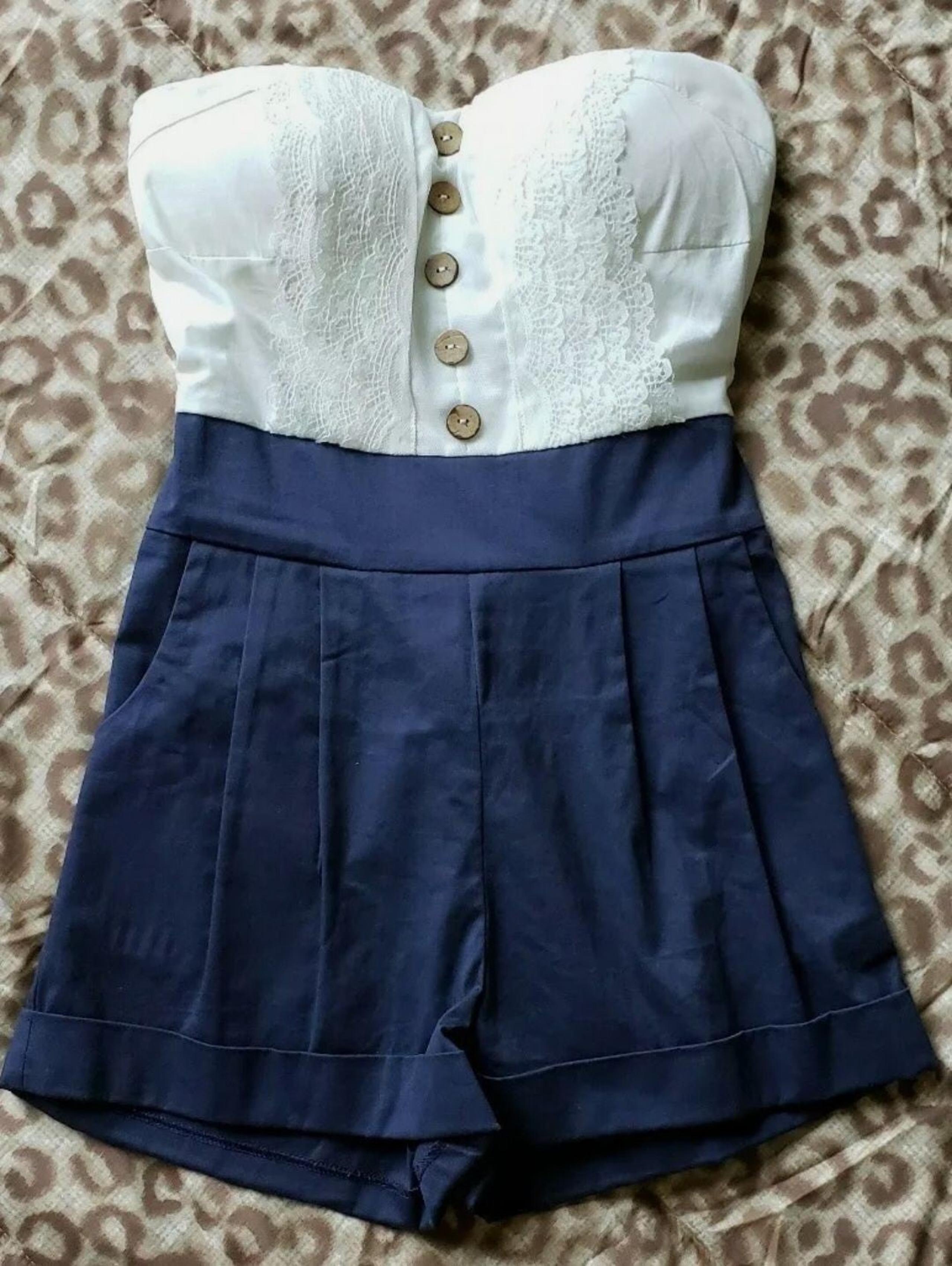 Navy & White Strapless Romper NEW Size Small