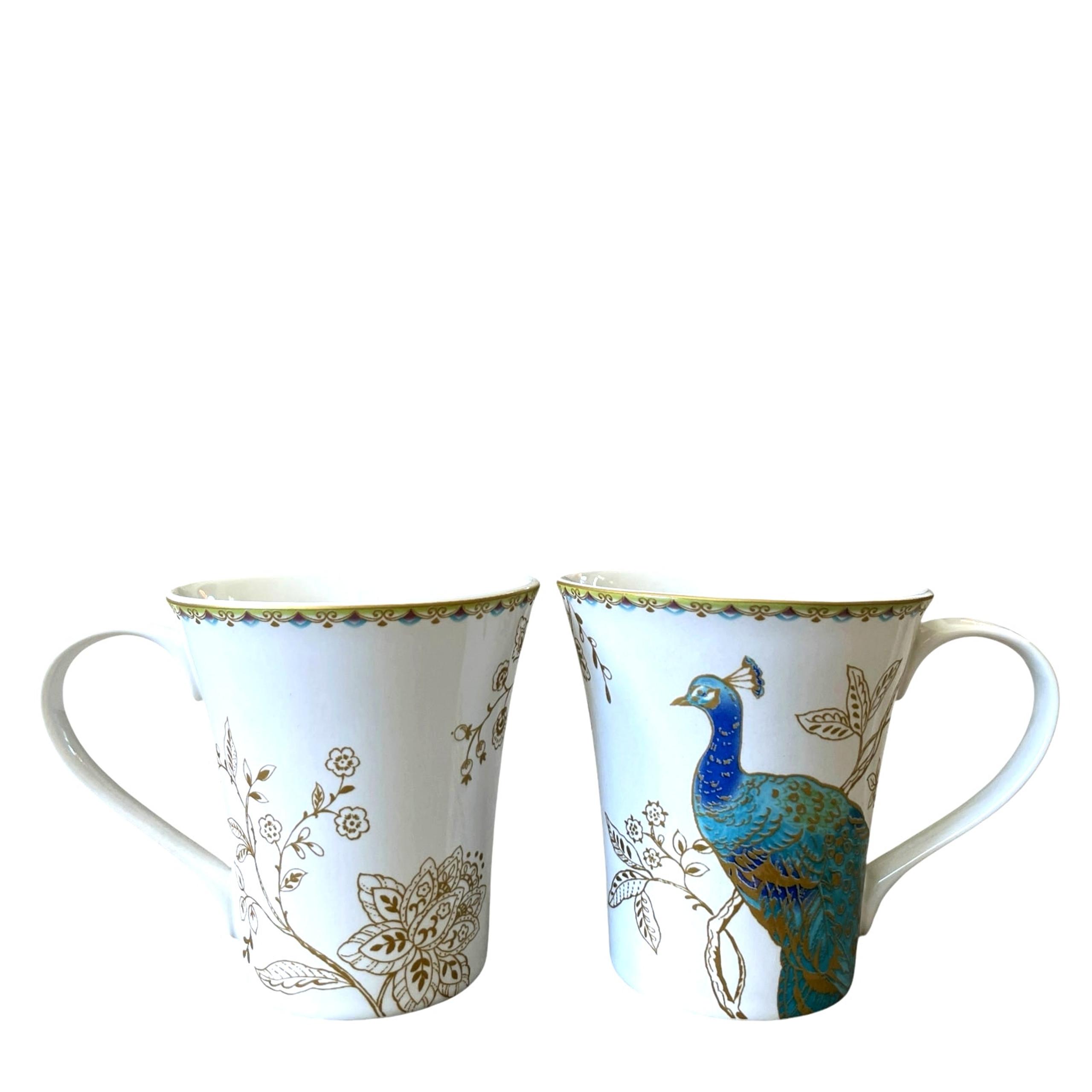 222 FIFTH Peacock Garden Porcelain Mug Set of 2 White Majestic Teal Gold NEW