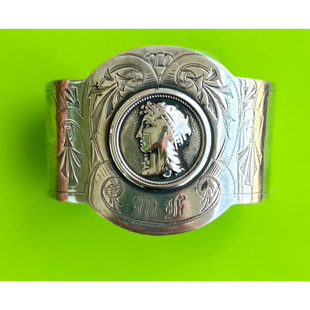 Vintage Renaissance Revival Engraved Silver Cuff Bracelet with Portrait