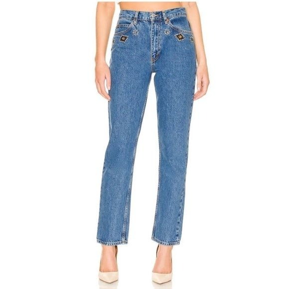 Re/Done Womens Jeans 70s Straight Cut Jeweled Stone Indigo 100% Cotton 26