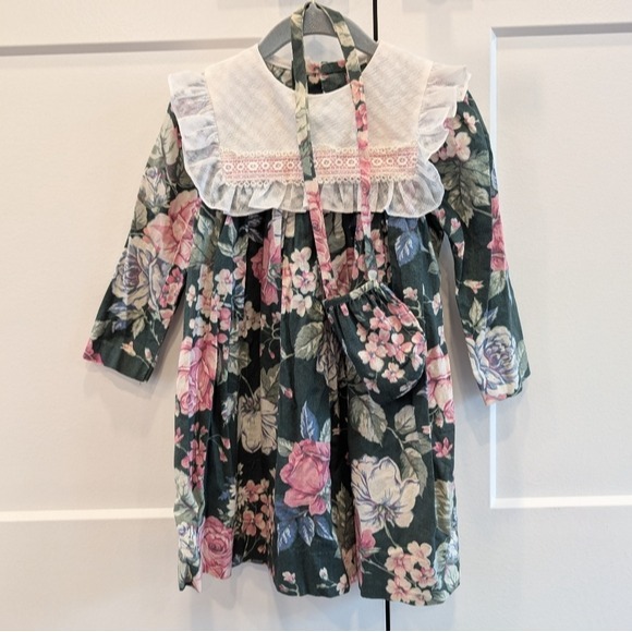 VINTAGE 80s Rare Editions Floral Long Sleeve Dress with Ruffled Bib Collar Size4