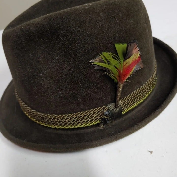 Saxson Genuine Velour Felt Fur Dress Hat Fedora Brown feather 7 & 1/4''