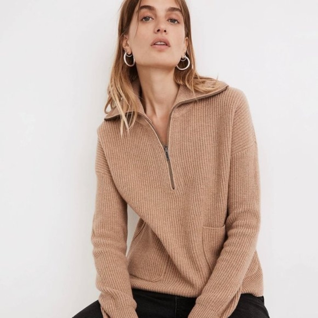 Madewell Merino Wool Blend Glenbrook Half-Zip Pullover Sweater Camel Brown XS