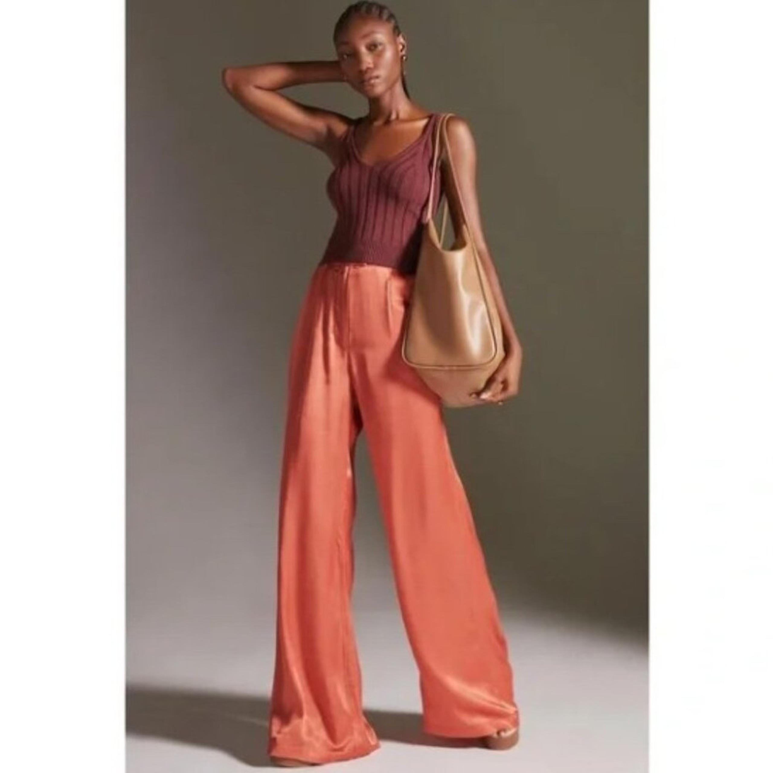 Anthropologie Silky Satin High Rise Wide Leg Trousers Pants Orange Party Petra
