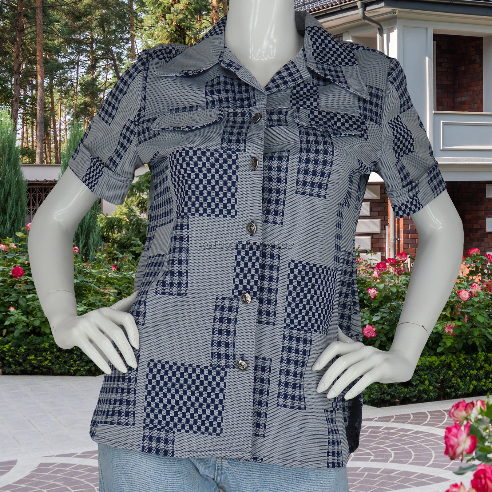 Vintage Gingham Patchwork Disco Shirt M Chic Check Mix