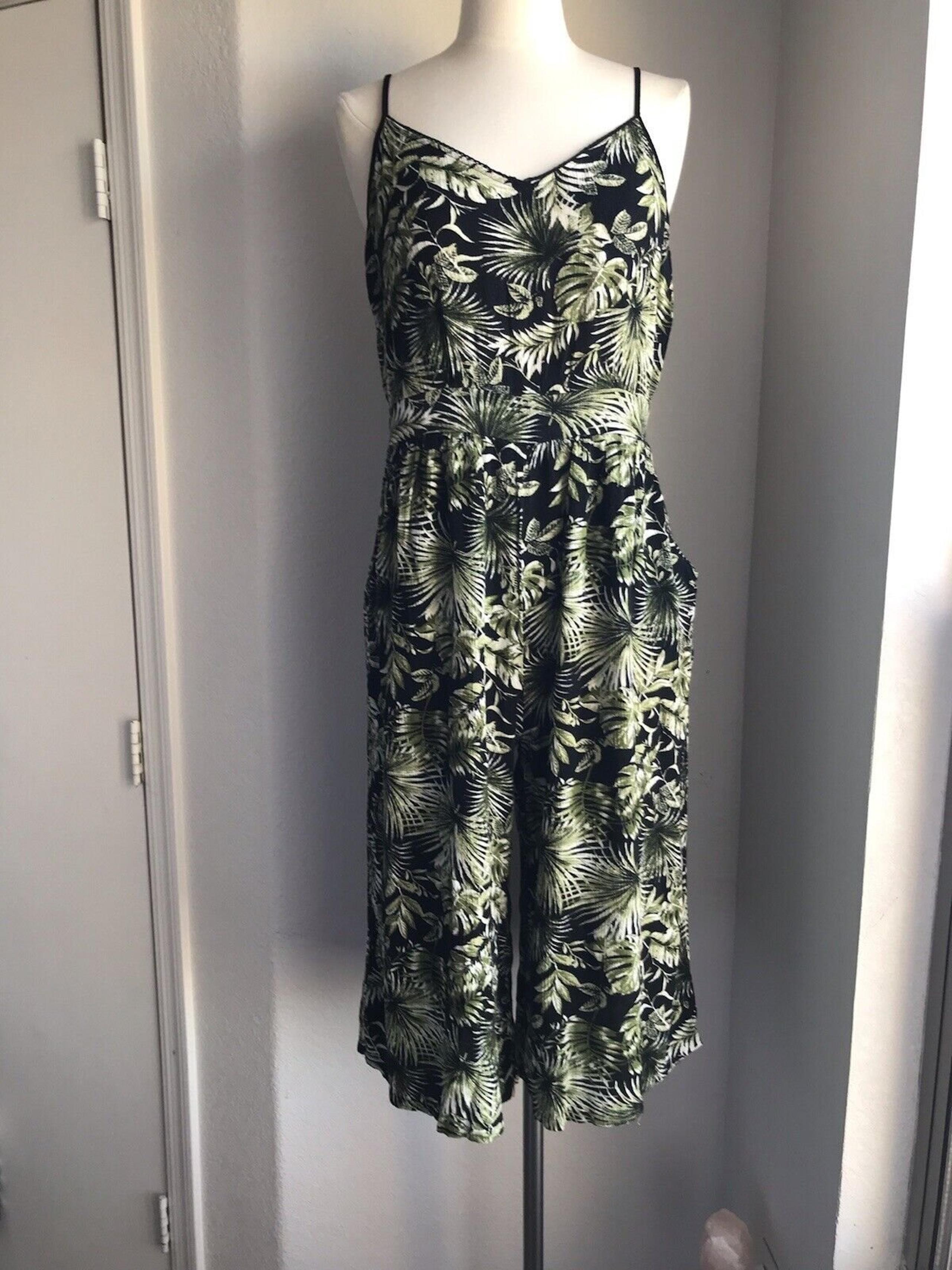 Sexy Tropical Print Cropped Jumpsuit Women size XL w/ Pockets Adjustable Straps