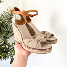Tory Burch Macy Linen Ankle Strap Wedge Espadrille Sandals Tan 8.5