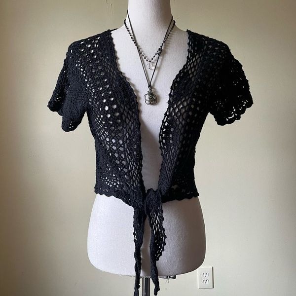 Y2K Vintage Black Crochet Cardigan Boho Hippie Cover Up Cropped Tie Front Small