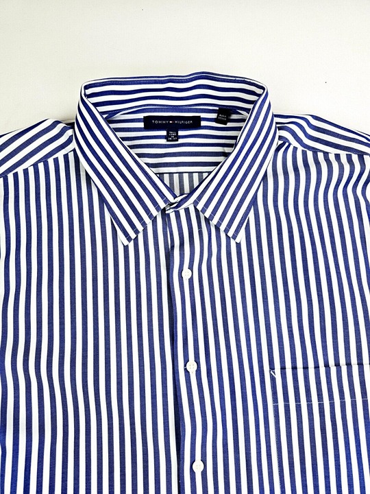 Tommy Hilfiger Tall Long Size 18 36-37 Men's Blue White Stripe Long Sleeve Shirt