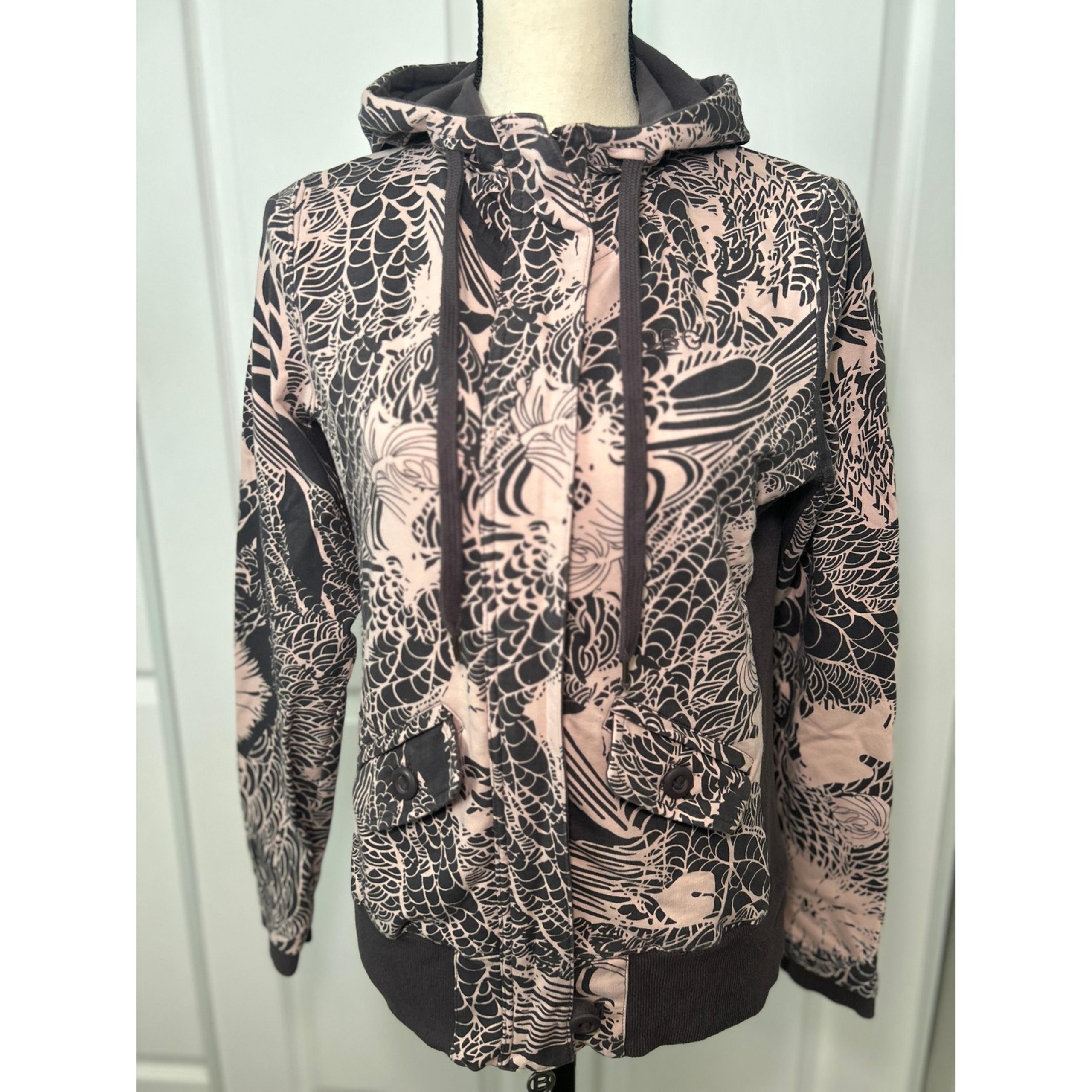 BCBG MAXAZRIA Full Zip Hoodie Jacket Abstract Print Pockets Athleisure M Pink