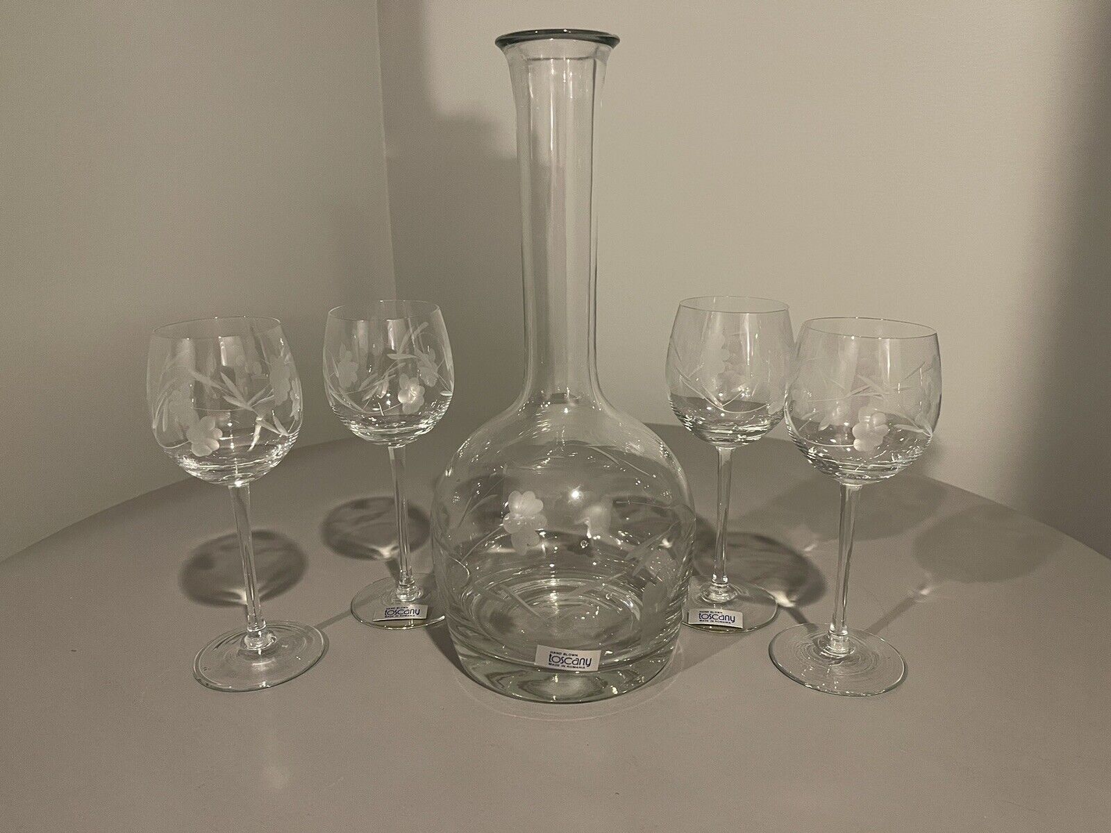Toscany Crystal Romania Decanter + 4 Cordial Glasses Hand Blown