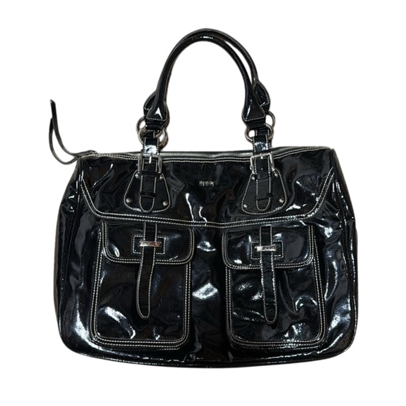 DNKY Black Patent Leather Y2K 80s Dark Academia Goth Handbag Purse Travel Bag