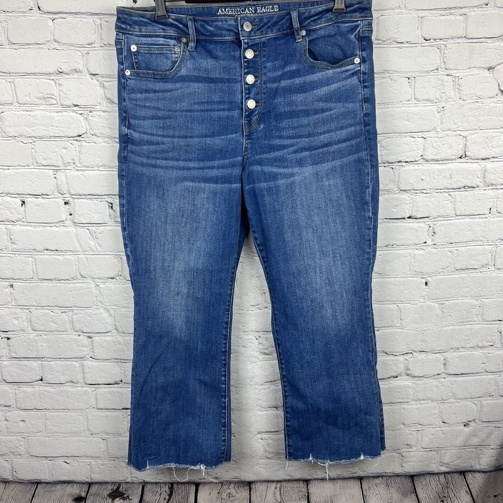 American Eagle Hi Rise Crop Flare Blue Denim Jean Button Fly Raw Hem Stretch 18s