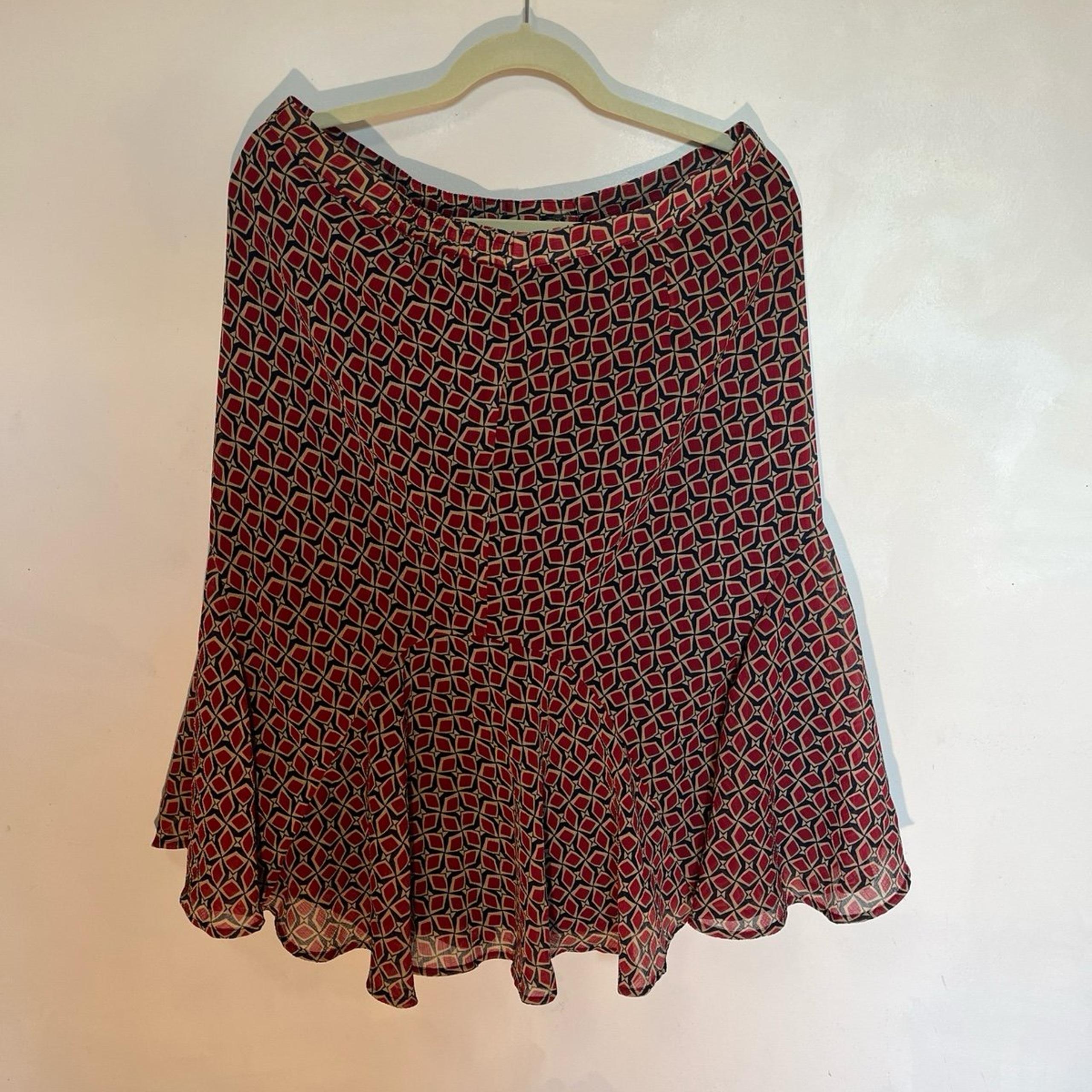 Ruby Rd Women’s Size 14 Red Blue Print Lined Flared Ruffle Hem Skirt