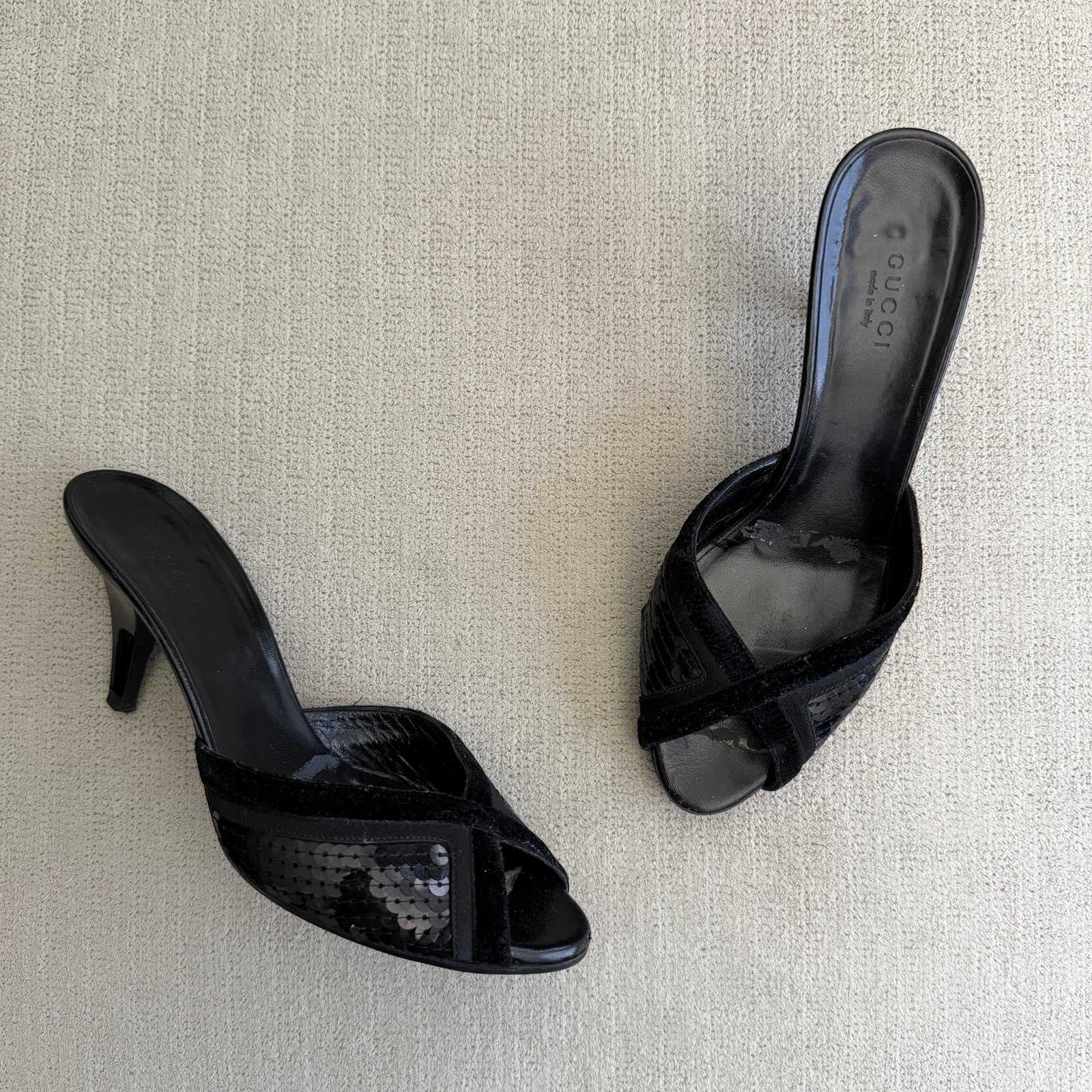 Vintage Gucci Black Open Toe Sequin Heels