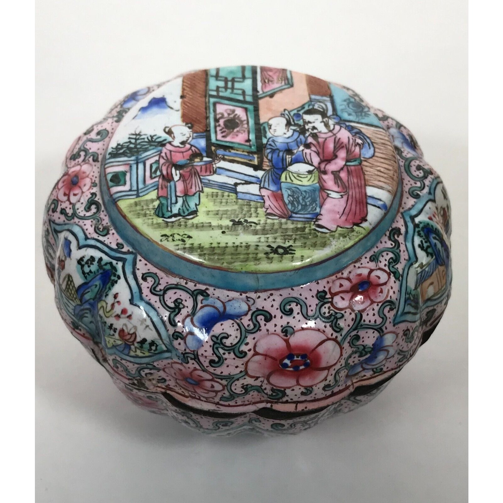 Antique Cloisonne Trinket Box Qing Dynasty Canton Famille Rose Lobed Enamel