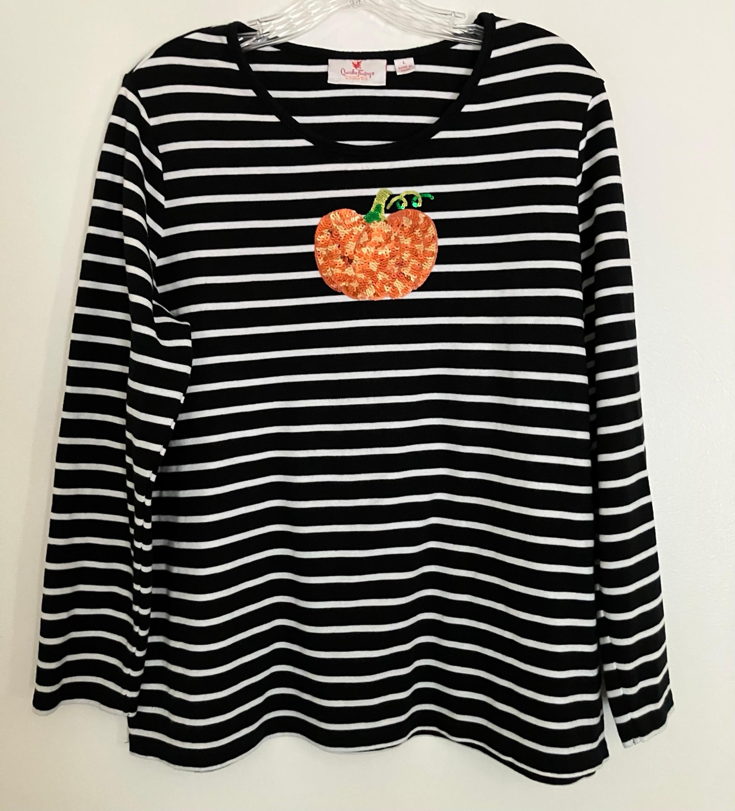 Quacker Factory Pumpkin Sequined Shirt L Black Stripped Autumn Fall  Long Sleeve
