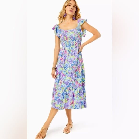 Lilly Pulitzer jilly midi dress in dew drop stay fly | L